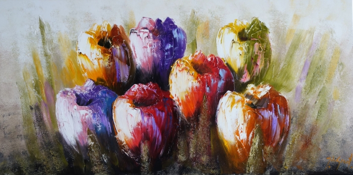 Vijf kleurrijke tulpen in levendige tinten van paars, rood, geel en oranje, weergegeven met dynamische penseelstreken op een zachte achtergrond. Vijf kleurrijke tulpen in levendige tinten van paars, rood, geel en oranje, weergegeven met dynamische penseelstreken op een zachte achtergrond.