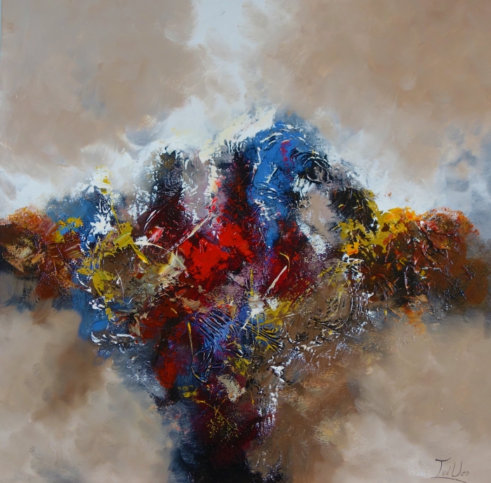 Abstracte schildering met vurige rode en blauwe tinten, gemengd met zachte aardetinten en een dynamische compositie. Abstracte schildering met vurige rode en blauwe tinten, gemengd met zachte aardetinten en een dynamische compositie.