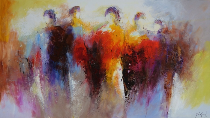 Vijf abstracte figuren in levendige kleuren van rood, paars en geel, samenvoegend in een dynamische compositie. Vijf abstracte figuren in levendige kleuren van rood, paars en geel, samenvoegend in een dynamische compositie.