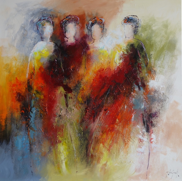 Vijf abstracte figuren in levendige kleuren als rood, geel en groen, met een vloeiende penseelkwaststijl en textuur. Vijf abstracte figuren in levendige kleuren als rood, geel en groen, met een vloeiende penseelkwaststijl en textuur.