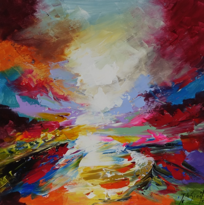 Kleurrijke abstracte schildering met levendige tinten van rood, blauw, geel en groen, die een dynamische lucht en wateroppervlak weergeeft. Kleurrijke abstracte schildering met levendige tinten van rood, blauw, geel en groen, die een dynamische lucht en wateroppervlak weergeeft.