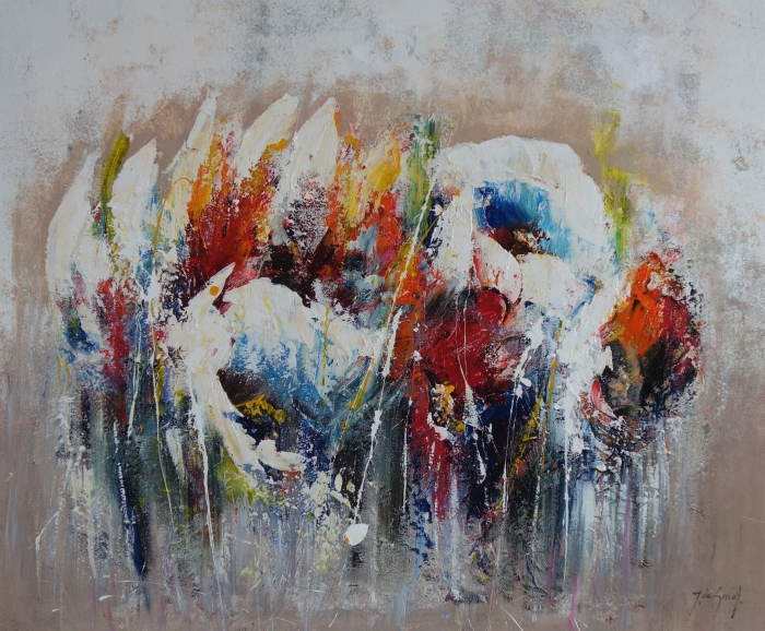 Een kleurrijke abstracte schildering met witte, rode en blauwe bloemachtige vormen op een zachte beige achtergrond. Een kleurrijke abstracte schildering met witte, rode en blauwe bloemachtige vormen op een zachte beige achtergrond.
