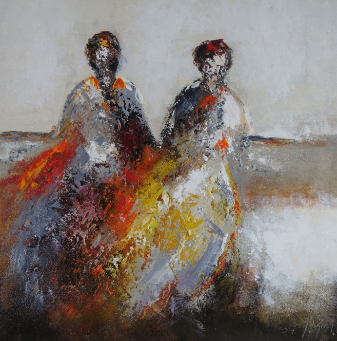 Twee abstracte figuren in felle kleuren, omringd door een vloeiende achtergrond in warme aardetinten.