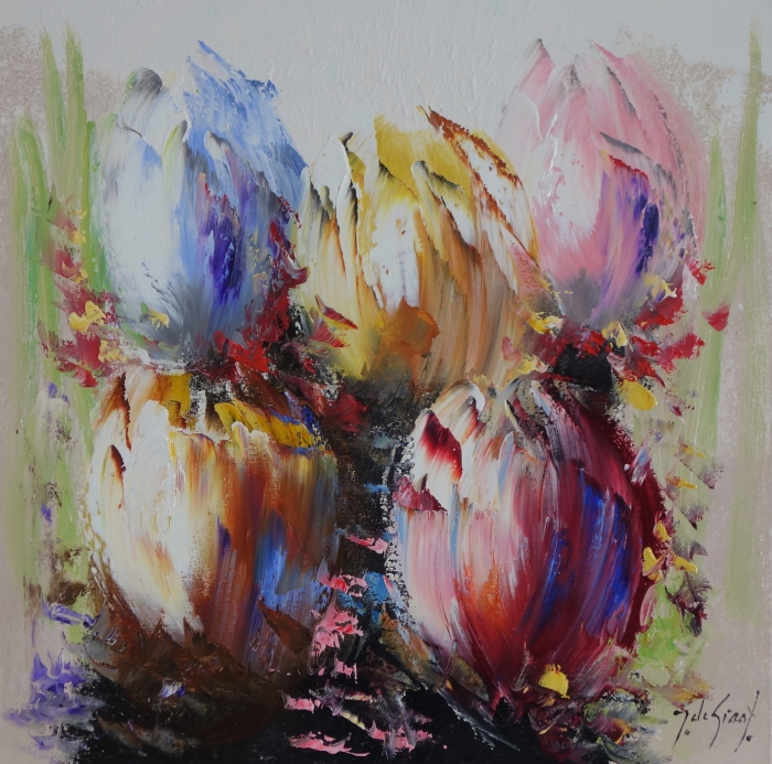 Kleurrijke abstracte bloemen in pasteltinten met rijke texturen en dynamische penseelstreken, tegen een lichte achtergrond. Kleurrijke abstracte bloemen in pasteltinten met rijke texturen en dynamische penseelstreken, tegen een lichte achtergrond.