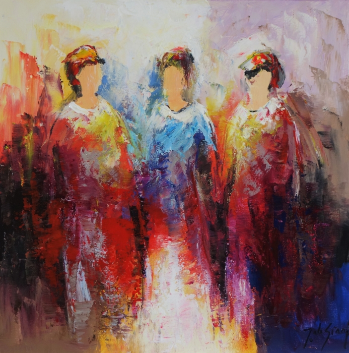 Drie abstracte vrouwenfiguren met kleurrijke jurken in rood en blauw, omringd door een dynamische achtergrond van levendige verfstreken. Drie abstracte vrouwenfiguren met kleurrijke jurken in rood en blauw, omringd door een dynamische achtergrond van levendige verfstreken.