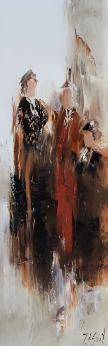 Abstracte afbeelding met warme bruin- en rode tinten, featuring twee figuren die in gesprek zijn, op een lichte achtergrond. Abstracte afbeelding met warme bruin- en rode tinten, featuring twee figuren die in gesprek zijn, op een lichte achtergrond.