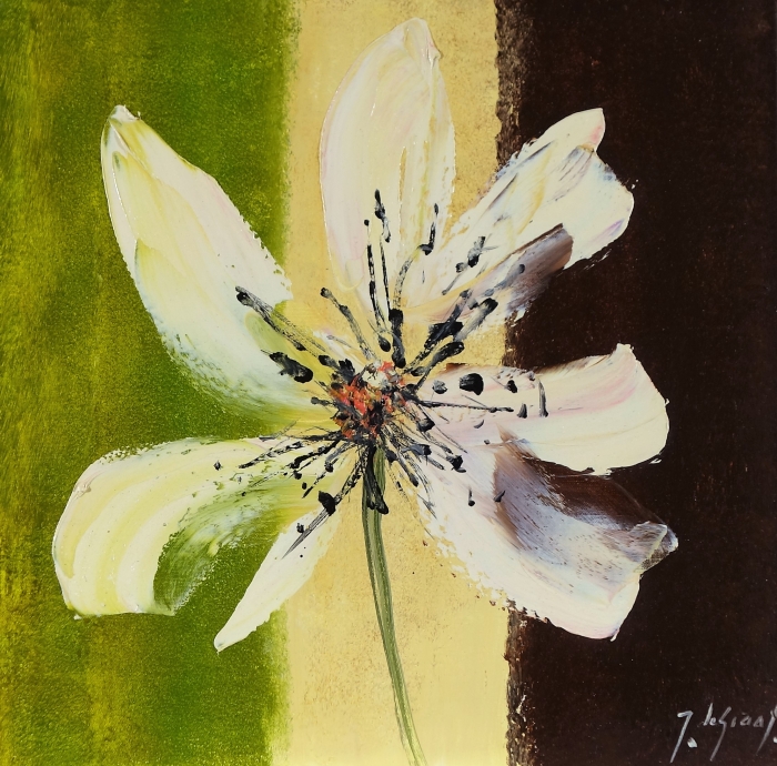 Witte bloem met zwarte meeldraden, afgebeeld tegen een achtergrond van groen, geel en bruin, in een expressieve schilderstijl. Witte bloem met zwarte meeldraden, afgebeeld tegen een achtergrond van groen, geel en bruin, in een expressieve schilderstijl.