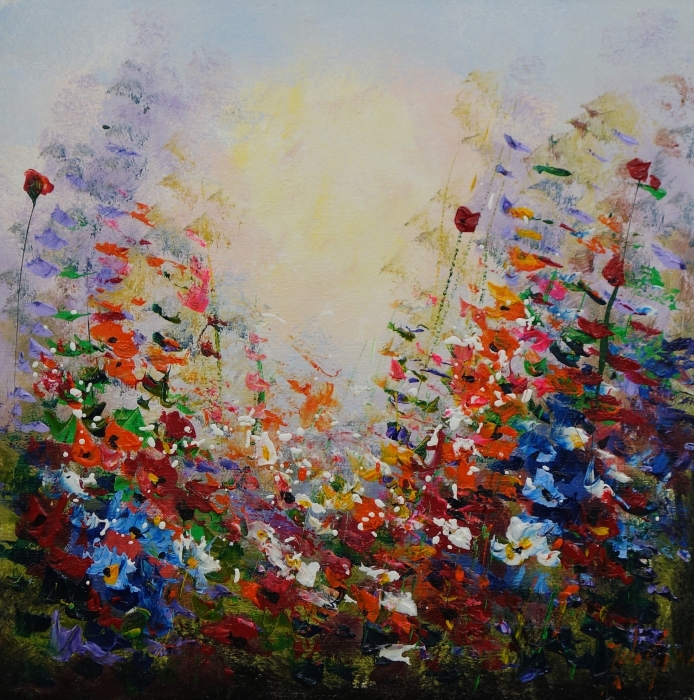 Kleurrijke bloemen in levendige tinten van rood, paars en blauw, samengevoegd in een artistieke impressionistische stijl.