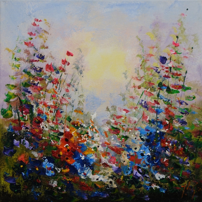 Kleurrijke bloemenweide in levendige tinten, met diverse bloemen in rood, paars, en blauw, tegen een zachte pastelachtergrond.