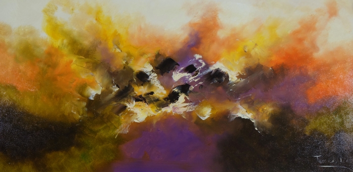 Abstracte schildering met felle kleuren, waaronder oranje, paars en zwart, die dynamische vormen en texturen creëren. Abstracte schildering met felle kleuren, waaronder oranje, paars en zwart, die dynamische vormen en texturen creëren.