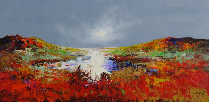 Abstract landschap met felle rode, oranje en groene kleuren, een glinsterend wateroppervlak en een dreigende grijze lucht. Abstract landschap met felle rode, oranje en groene kleuren, een glinsterend wateroppervlak en een dreigende grijze lucht.