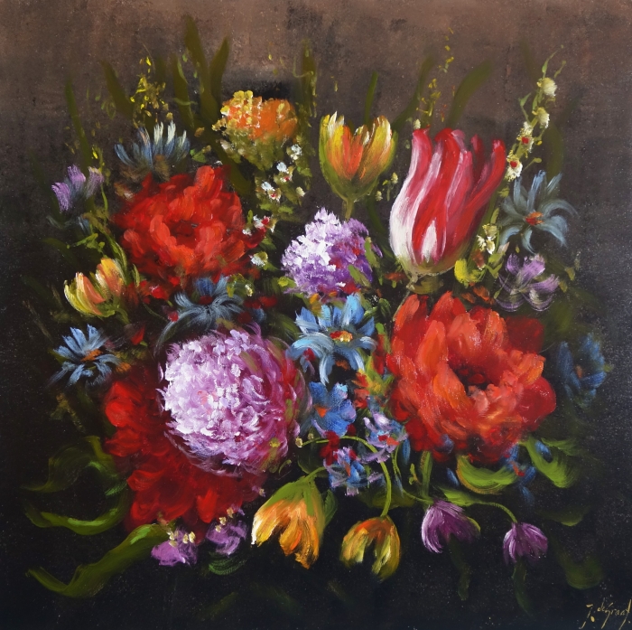 Een kleurrijk bloemenboeket met rode rozen, paarse pioenrozen, gele tulpen en blauwe bloemen op een donkere achtergrond. Een kleurrijk bloemenboeket met rode rozen, paarse pioenrozen, gele tulpen en blauwe bloemen op een donkere achtergrond.