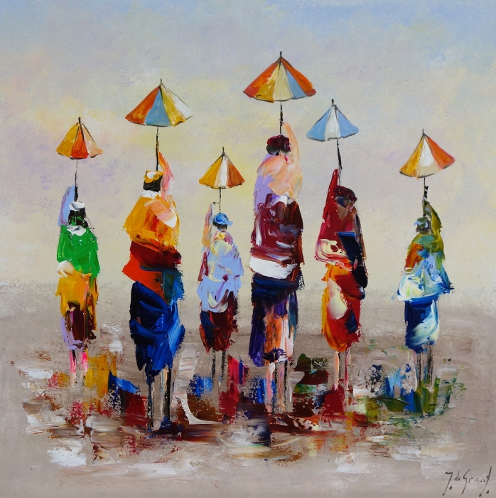Een groep kleurrijk geklede figuren met parasols tegen een zachte, pastelachtige achtergrond. Een groep kleurrijk geklede figuren met parasols tegen een zachte, pastelachtige achtergrond.