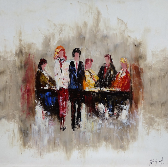 Zes abstracte figuren in formele kleding staan rond een tafel, geschilderd met levendige kleuren en dynamische penseelstreken. Zes abstracte figuren in formele kleding staan rond een tafel, geschilderd met levendige kleuren en dynamische penseelstreken.