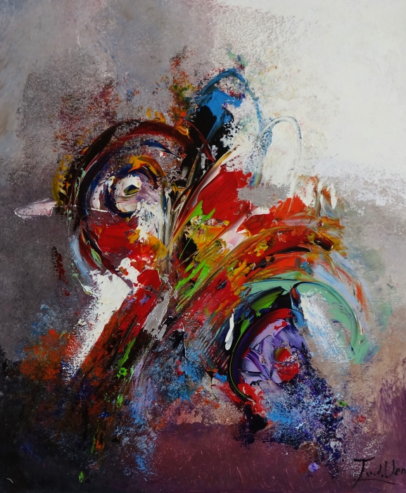 Felle kleuren zoals rood, groen en blauw vormen een abstracte compositie met dynamische penseelstreken en spatten. Felle kleuren zoals rood, groen en blauw vormen een abstracte compositie met dynamische penseelstreken en spatten.
