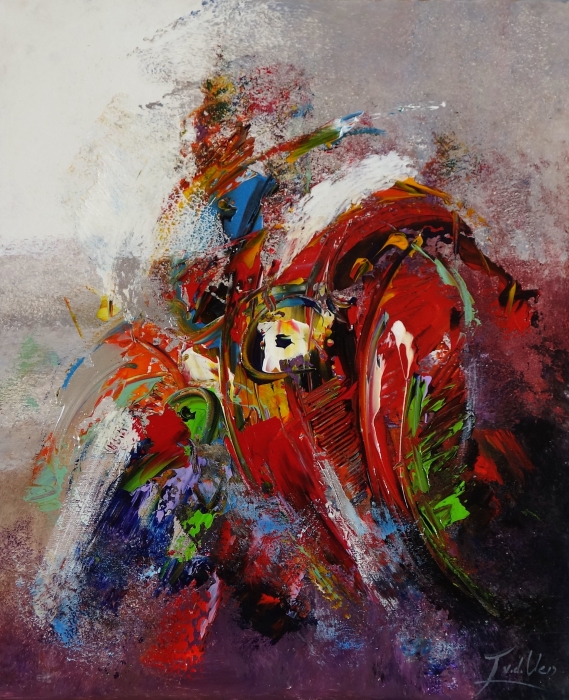 Abstracte schilderij met felle rode, groene en blauwe kleuren, verwarrende vormen en dynamische penseelstreken op een zachte achtergrond.