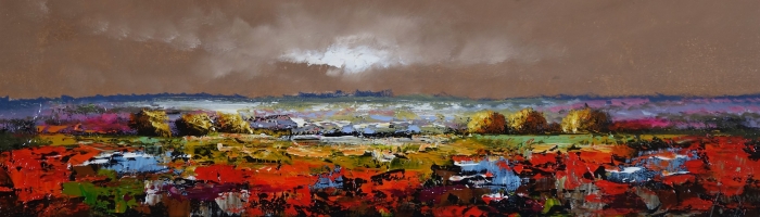 Kleurrijke abstracte landschapsschildering met rode en paarse tinten, groene velden en een bruine lucht met dreigende wolken. Kleurrijke abstracte landschapsschildering met rode en paarse tinten, groene velden en een bruine lucht met dreigende wolken.