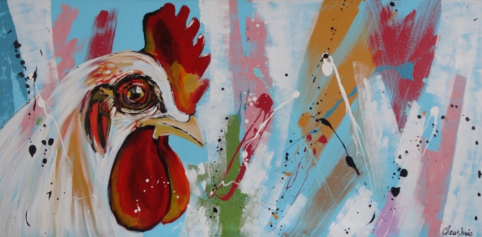 Een kleurrijke abstracte schildering van een kip met een opvallende rode kam, omringd door spatten in blauw, roze en bruin. Een kleurrijke abstracte schildering van een kip met een opvallende rode kam, omringd door spatten in blauw, roze en bruin.