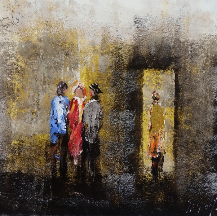 Vijf mensen in levendige kleuren, waaronder rood en blauw, staan in een abstracte setting met gouden accenten en donkere schaduwen. Vijf mensen in levendige kleuren, waaronder rood en blauw, staan in een abstracte setting met gouden accenten en donkere schaduwen.