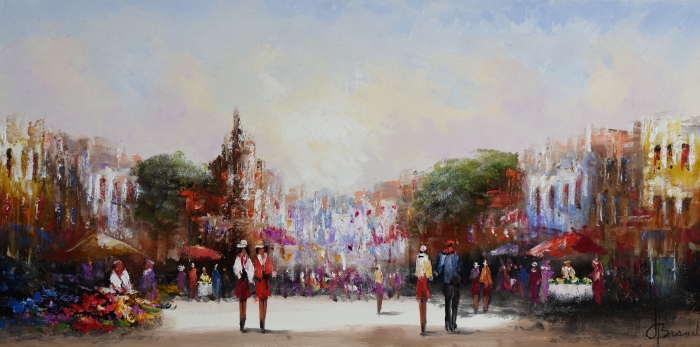 Drie mensen wandelen langs een kleurrijke markt met bloemen en felgekleurde kappen, omlijst door historische gebouwen. Drie mensen wandelen langs een kleurrijke markt met bloemen en felgekleurde kappen, omlijst door historische gebouwen.