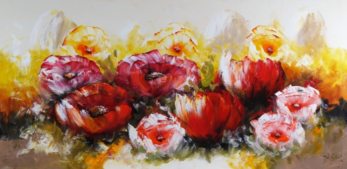 Diep rood en wit gekleurde bloemen in een dynamische, abstracte compositie met een warme, gouden achtergrond. Diep rood en wit gekleurde bloemen in een dynamische, abstracte compositie met een warme, gouden achtergrond.