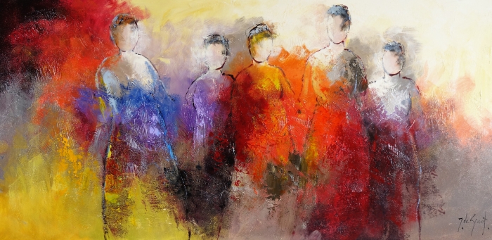 Vijf abstracte figuren in levendige kleuren als rood, blauw en geel, geplaatst tegen een zachte, neutrale achtergrond.