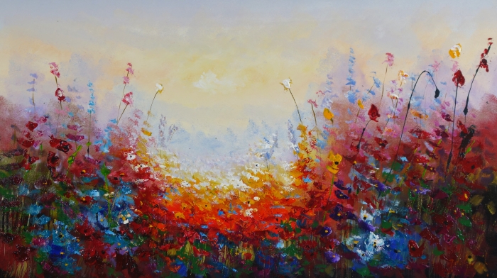 Kleurrijke abstractie van een bloemenveld met rijke tinten rood, blauw en geel, tegen een zachte, lichte achtergrond. Kleurrijke abstractie van een bloemenveld met rijke tinten rood, blauw en geel, tegen een zachte, lichte achtergrond.