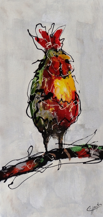 Vrolijke, abstracte vogel met een kleurrijk verenkleed in rood, groen en geel, staande op een tak met een minimalistische achtergrond.