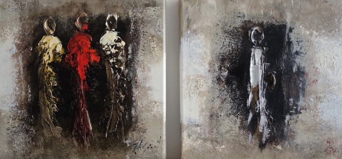 Abstracte schildering met drie figuren in warme tinten van rood en geel, tegen een neutrale achtergrond van grijs en bruin.