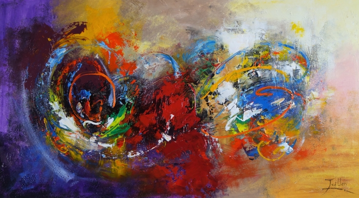 Heldere, abstracte schildering met dynamische swirls in rood, blauw, groen en geel op een zachte achtergrond. Heldere, abstracte schildering met dynamische swirls in rood, blauw, groen en geel op een zachte achtergrond.
