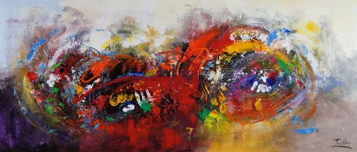 Abstracte schilderij met felle rode, gele en groene tinten, dynamische penseelstreken en een warme, chaotische compositie. Abstracte schilderij met felle rode, gele en groene tinten, dynamische penseelstreken en een warme, chaotische compositie.