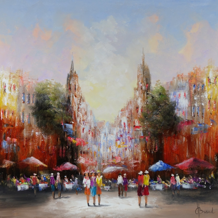 Drukke straat met kleurrijke markt, waar mensen in heldere kleding onder parasols staan, omgeven door historische gebouwen. Drukke straat met kleurrijke markt, waar mensen in heldere kleding onder parasols staan, omgeven door historische gebouwen.