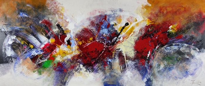 Abstract schilderij met levendige rode, blauwe en gele tinten, vermengd met wit en grijs, in dynamische, vlezige penseelstreken. Abstract schilderij met levendige rode, blauwe en gele tinten, vermengd met wit en grijs, in dynamische, vlezige penseelstreken.