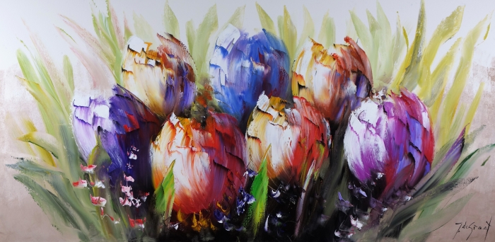 Kleurvolle tulpen in diverse tinten paars, geel en rood, omringd door groene bladeren en zachte penseelstreken. Kleurvolle tulpen in diverse tinten paars, geel en rood, omringd door groene bladeren en zachte penseelstreken.