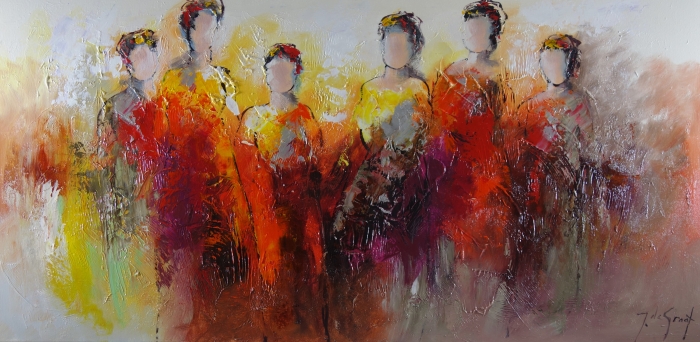 Zeven abstracte figuren met onduidelijke gezichten, gekleed in warme tinten van rood, oranje en geel tegen een zachte achtergrond. Zeven abstracte figuren met onduidelijke gezichten, gekleed in warme tinten van rood, oranje en geel tegen een zachte achtergrond.