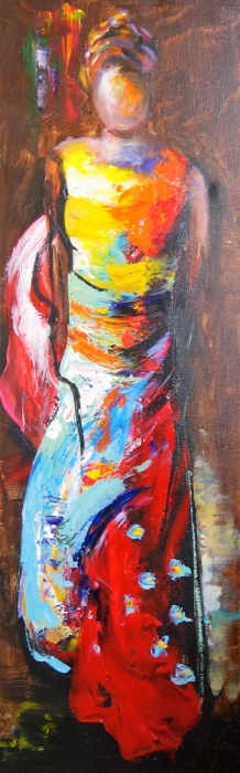 Kleurige schilderij van een vrouw met een gele en rode jurk, gevlochten haar, tegen een donkere achtergrond.