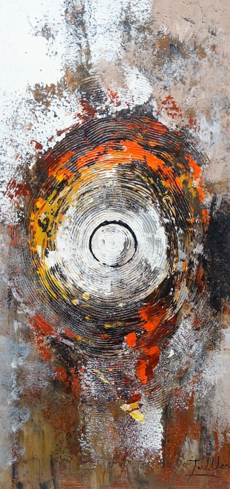Abstracte cirkel in het midden, omlijst door oranje, geel en zwart, met textuur en een vleugje wit en bruin. Abstracte cirkel in het midden, omlijst door oranje, geel en zwart, met textuur en een vleugje wit en bruin.