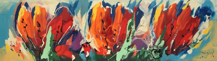 Vibrante abstracte bloemen in oranje, rood en groen, met dynamische penseelstreken en een kleurrijke achtergrond.