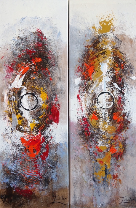Abstracte schildering met cirkels in zwart en felle kleuren zoals rood, oranje en geel op een neutrale achtergrond. Abstracte schildering met cirkels in zwart en felle kleuren zoals rood, oranje en geel op een neutrale achtergrond.