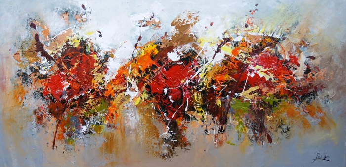 Abstracte schilderkunst in warme tinten zoals rood, oranje en goud, met dynamische penseelstreken op een lichte achtergrond. Abstracte schilderkunst in warme tinten zoals rood, oranje en goud, met dynamische penseelstreken op een lichte achtergrond.