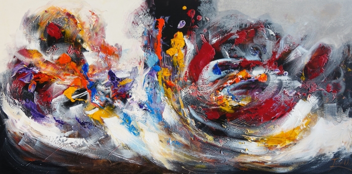 Kleurrijke abstracte schildering met dynamische bewegingen in rood, geel en blauw op een donkere achtergrond.
