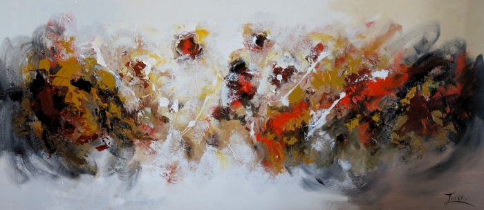 Abstracte schildering met warme tinten van bruin, geel en rood, met een dynamische compositie en subtiele textuur. Abstracte schildering met warme tinten van bruin, geel en rood, met een dynamische compositie en subtiele textuur.