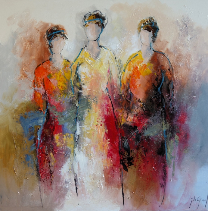 Drie abstracte figuren in levendige kleuren zoals oranje, geel en rood, met een wazige en dynamische achtergrond. Drie abstracte figuren in levendige kleuren zoals oranje, geel en rood, met een wazige en dynamische achtergrond.