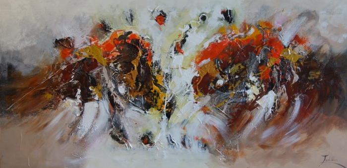 Abstracte schildering met levendige kleuren, waaronder rood, oranje en bruin, met dynamische penseelstreken en textuur.