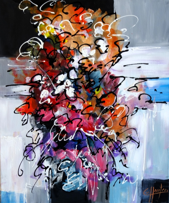 Abstracte bloeiende compositie met levendige kleuren zoals rood, paars en wit, omlijst door een dynamische zwarte lijntekening. Abstracte bloeiende compositie met levendige kleuren zoals rood, paars en wit, omlijst door een dynamische zwarte lijntekening.