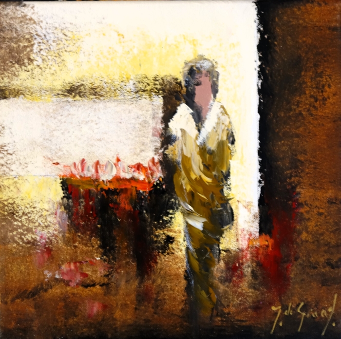 Figuratieve schildering van een vrouw met een lichte, gele outfit, tegen een abstracte bruine en gele achtergrond. Figuratieve schildering van een vrouw met een lichte, gele outfit, tegen een abstracte bruine en gele achtergrond.
