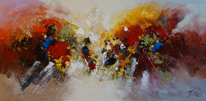 Abstract schilderij met levendige rode, gele en blauwe kleuren, met dynamische texturen en een subtiele lichte achtergrond.