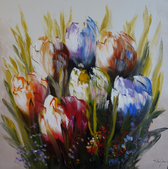 Gekleurde tulpen in levendige tinten van rood, paars en wit, omringd door groene bladeren en subtiele bloemenaccenten.