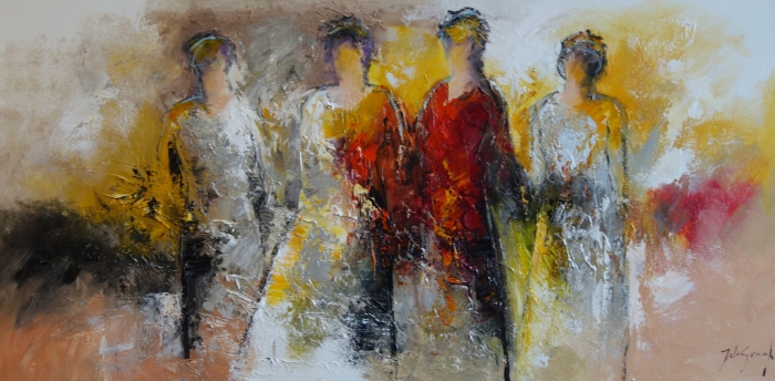 Vijf abstracte figuren in schakeringen van wit, grijs, geel, rood en zwart, tegen een vage achtergrond van warme tinten. Vijf abstracte figuren in schakeringen van wit, grijs, geel, rood en zwart, tegen een vage achtergrond van warme tinten.