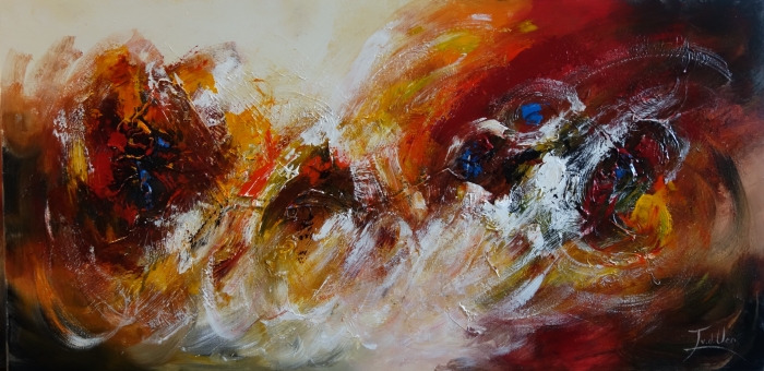 Abstract schilderij met een dynamische mix van oranjerode, gele en blauwe tinten, met krachtige, energieke penseelstreken.